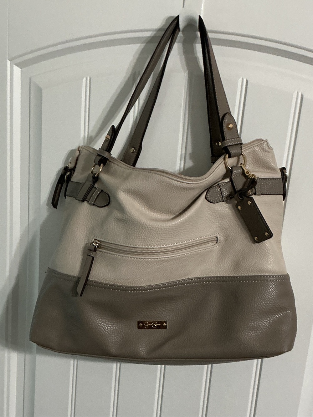 Jessica Simpson Two-Tone Cream and Taupe Leather Tote Shoulder Handbag